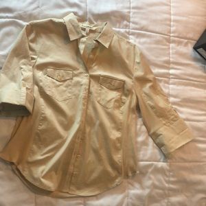 Button down, collard, light khaki, 3/4 length sleeve shirt.